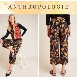 Kachel X Anthropologie Della Floral Wide-Leg Trousers in Black Winter Blossom Size 8