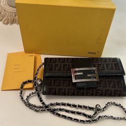 Authentic Fendi Clutch Wallet Shoulder Bag with Chain WOC