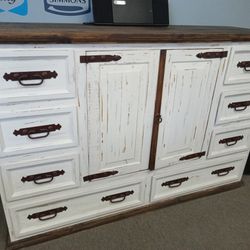 8 Drawer Dresser with Shelves – White Solid Wood Brown Top