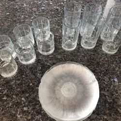 Matching Set of 6 Tall/ Short Drinking Glasses with 5 Non-Matching Salad Plates 