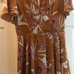 Express Brown Satin Dress With Flowers