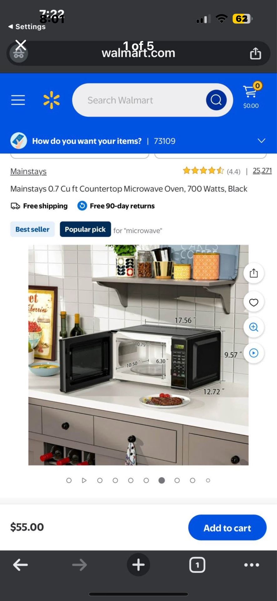 Mainstays 0.7 Cu ft Countertop Microwave Oven, 700 Watts, Black
