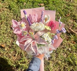Crocheted white peony and pink lily bouquet