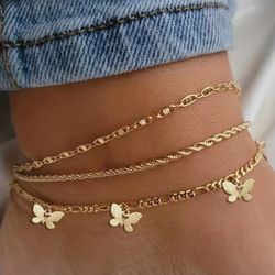 Triple Ankle Bracelet Butterfly Chain 