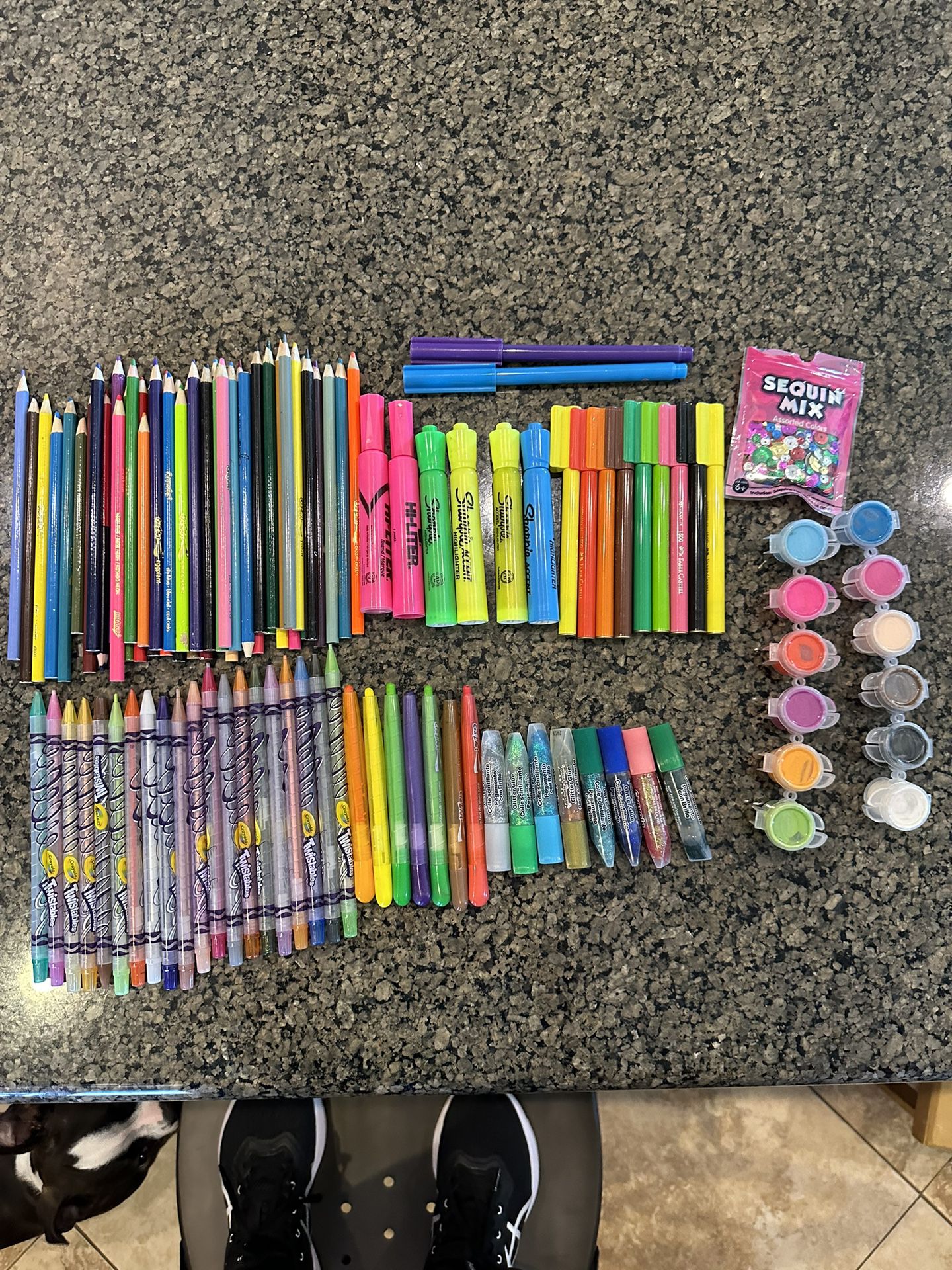 Bundle of Markers, Crayons, Colored Pencils, $5
