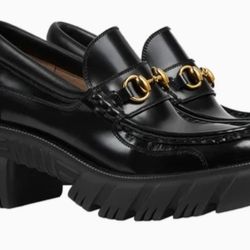 Gucci 656869 Women's Horsebit Magnum Calf Lug Heels Black Leather Loafers sz 41 Authentic 