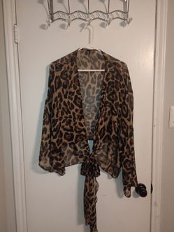 Leopard Print Sheer Tie-Front Blouse
