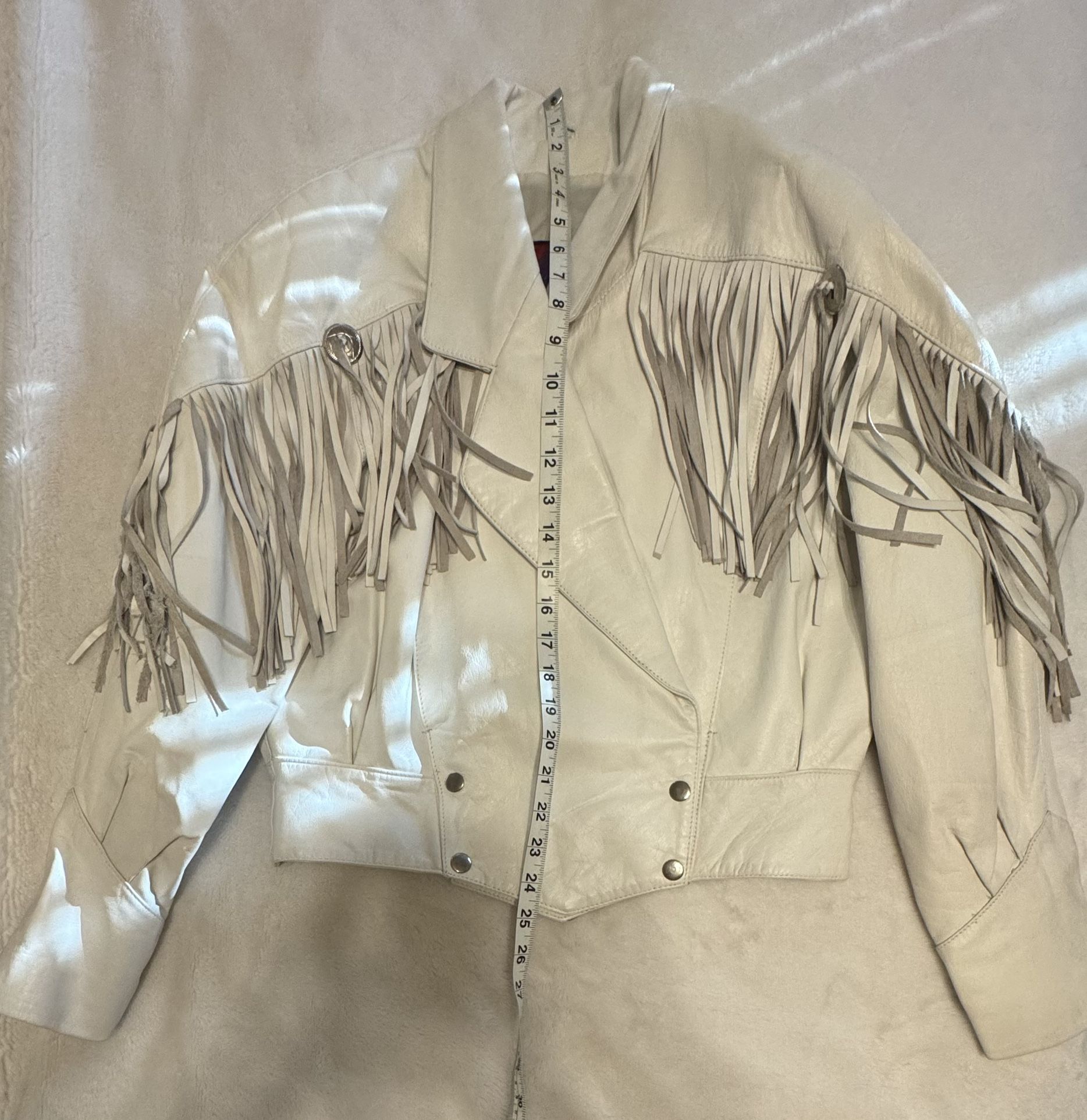Vintage Verducci White Leather Motorcycle Jacket Fringe Silver Snaps and Chaps