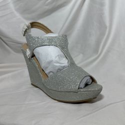 SUGAR Womens Silver Glitter Open Toe Wedge Heel