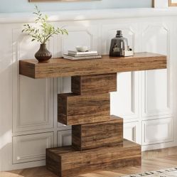 NEW! 42.5" Farmhouse Console Table, Narrow Wood Sofa Table Behind Couch with Geometric Base, Industrial Entryway Accent Table for Living Room, Hallway