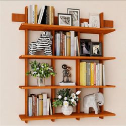 Bookshelf 4 Tier Wall Mounted Book Shelf, Space-Saving Floating Bamboo Bookcase Heavy Duty 600lbs, Storage Display Shelf for Living Room Bedroom Offic