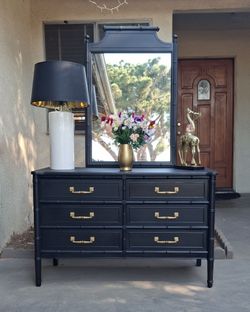 Henry Lark Bali Hai Faux Bamboo 6 Drawer Solid Wood Dresser- Black with Gold