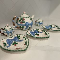 Japan The Haldon Group 1986 Blue Ribbon Bows Berries Candy Fruit Bowl Heart Shape Tea Set 🩷🫖