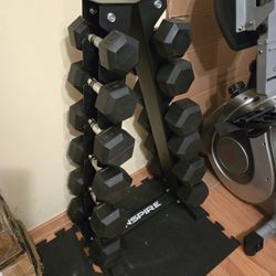 Open Box 10lb Thru 35lb Rubber Hex Dumbbell Set With Vertical Rack 