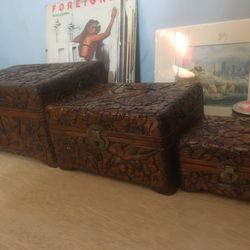 3 Hand Carved Wood Boxes S,M,L 