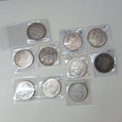 6x Morgan Silver Dollars 3x Silver Peace Dollars (9 Face)