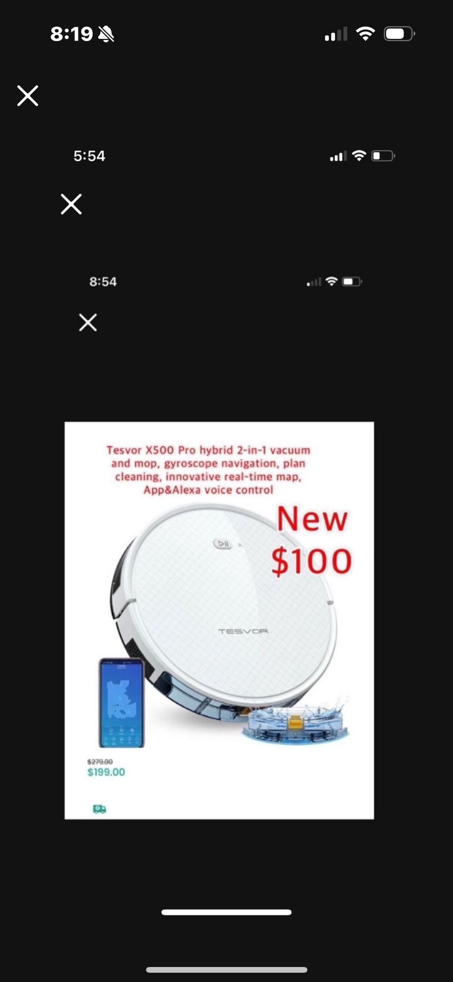 New Tesvor X500 Pro hybrid 2-in-1 vacuum and mop, gyroscope navigation, plan cleaning, innovative real-time map, App&Alexa voice control $100
