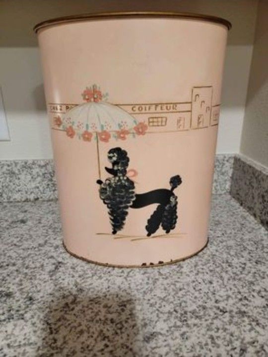 Vintage MCM 1960s RARE Pink Black Poodle Trash Can