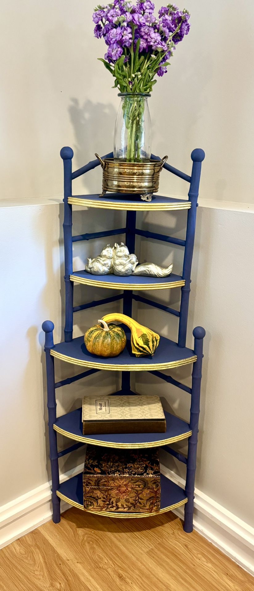 Navy Blue & Gold Corner Shelf – Hand-Painted Accent Rack