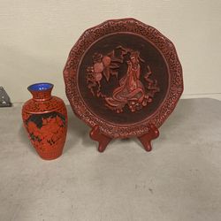 Vintage Cinnabar Vase And Plate