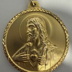 Real 14k Yellow Gold Double Side Round Jesus Our Lady Of Perpetual Help Medal Charm Pendant 2” Inches Tall 40mm Wide 3mm Bail Opening