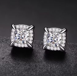 White Gold Sterling Silver 5mm VVS Real Moissanite Cube Stud Earrings, Diamond Tester Approved 