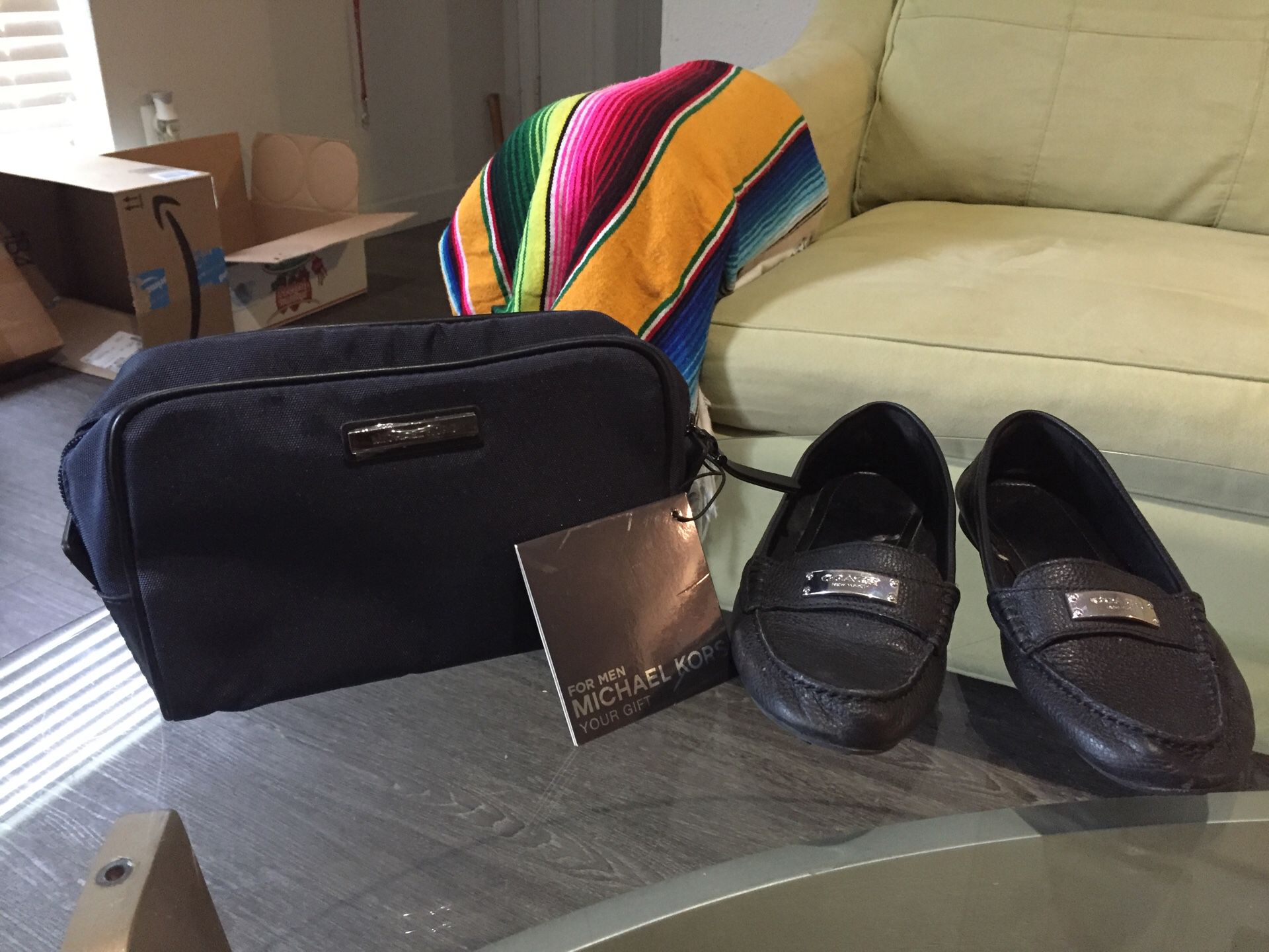 Black leather COACH slippers (5.5) & MICHAEL KORS on the move container