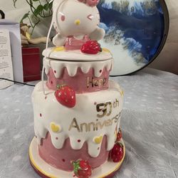 Blue Sky Clayworks Hello Kitty 50th Anniversary Yummy Strawberries Tiered Birthday Celebration Cake Cookie Jar