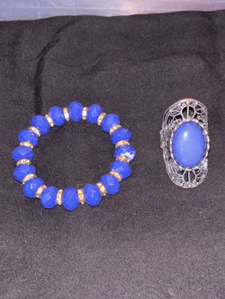 Blue Beaded Bracelet and Silver-Tone Ring Set