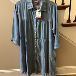 Toofan Jean Dress Tunic M Denim Blue 3/4 Sleeves Buttons Chambray Tencel Lyocell  Mother of pearl buttons! Collared. Button up. Pockets. Machine washa