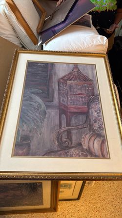 Large Vintage Birdcage Art Print – Ornate Gold Frame