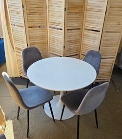 Modern White Round Dining Table Set + 4 Velvet Chairs