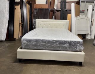 Queen White Upholstered Bed Frame with Tufted Headboard