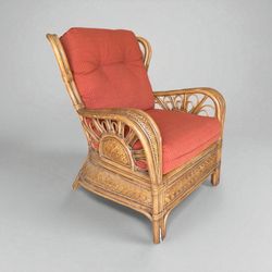 Rattan Lounge Chair with Burnt Orange Cushions