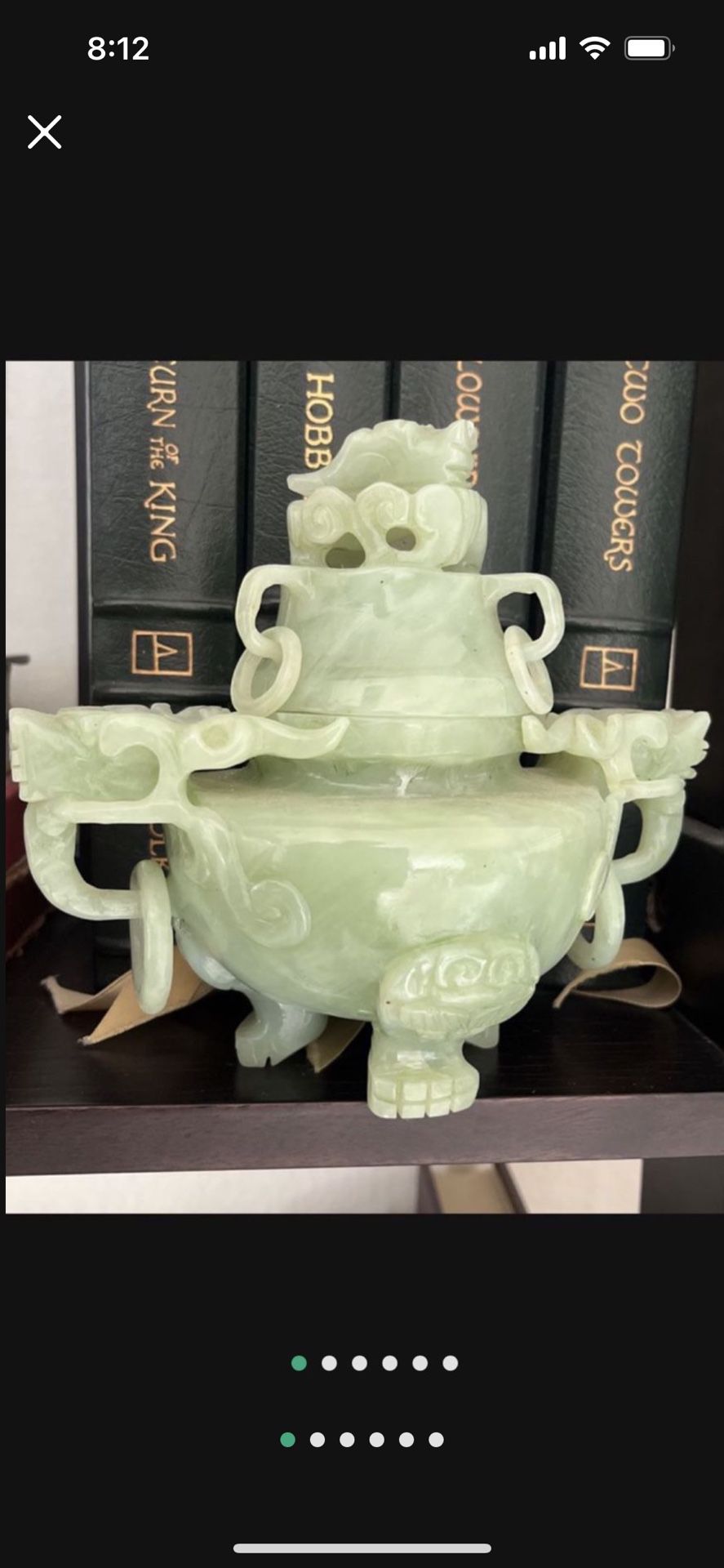 Jade. Dragon Vase. Collectable.  Chinese Celadon Jade vase with beautiful carvings of dragon faces. Includes the top and rings which make an enchantin