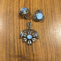 Sterling Silver And Cats Eye Stone Earring And Necklace Pendant Set