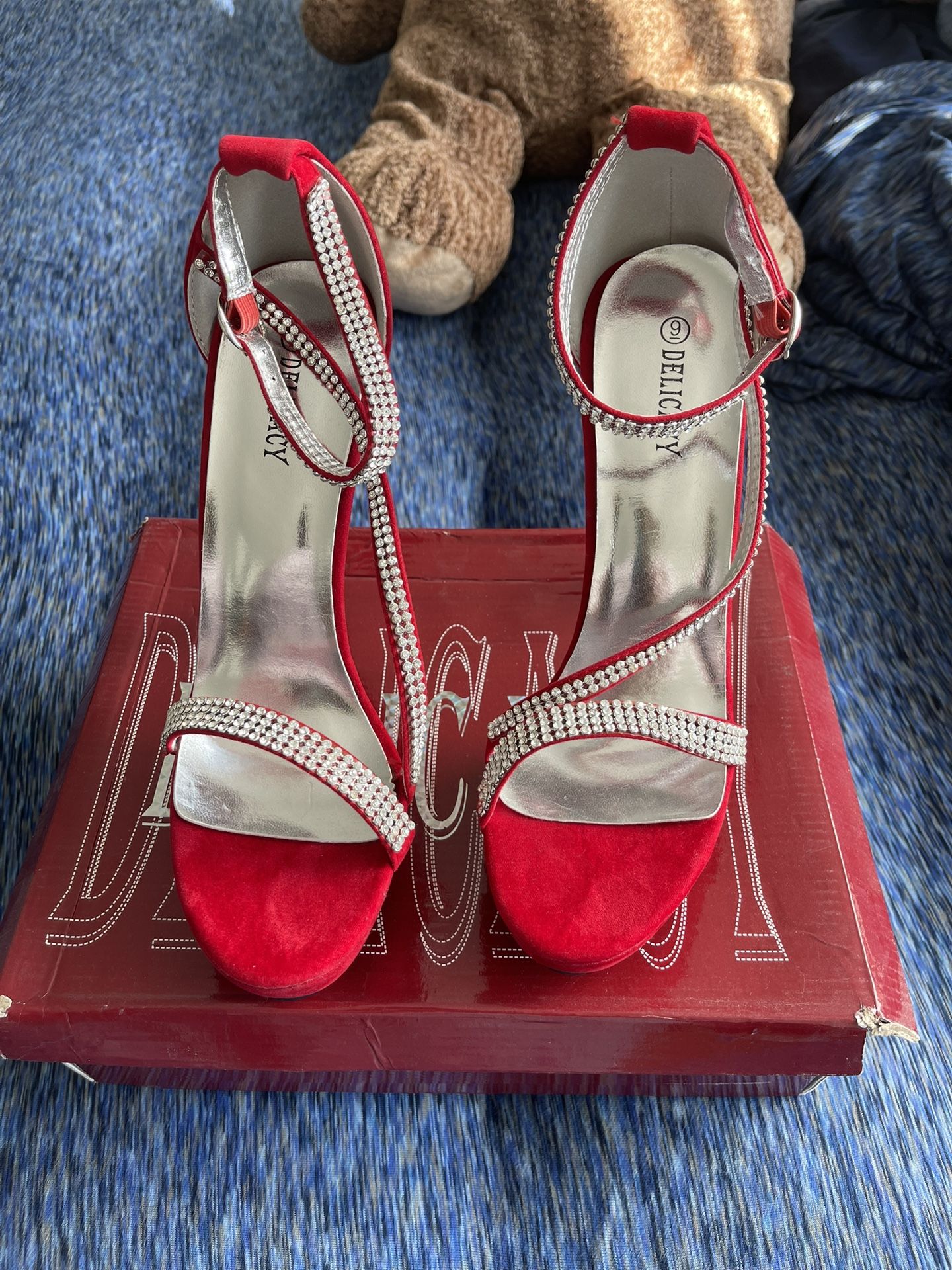 Red Heels with Rhinestone Toe and Ankle Strap