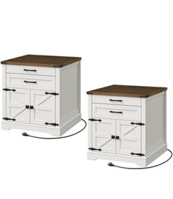 Farmhouse End Table Set of 2, 24'' Sofa Side Table with 2 Drawers and Barn Door, Large Rustic Wooden Square Nightstand for Bedroom, Living Room, White