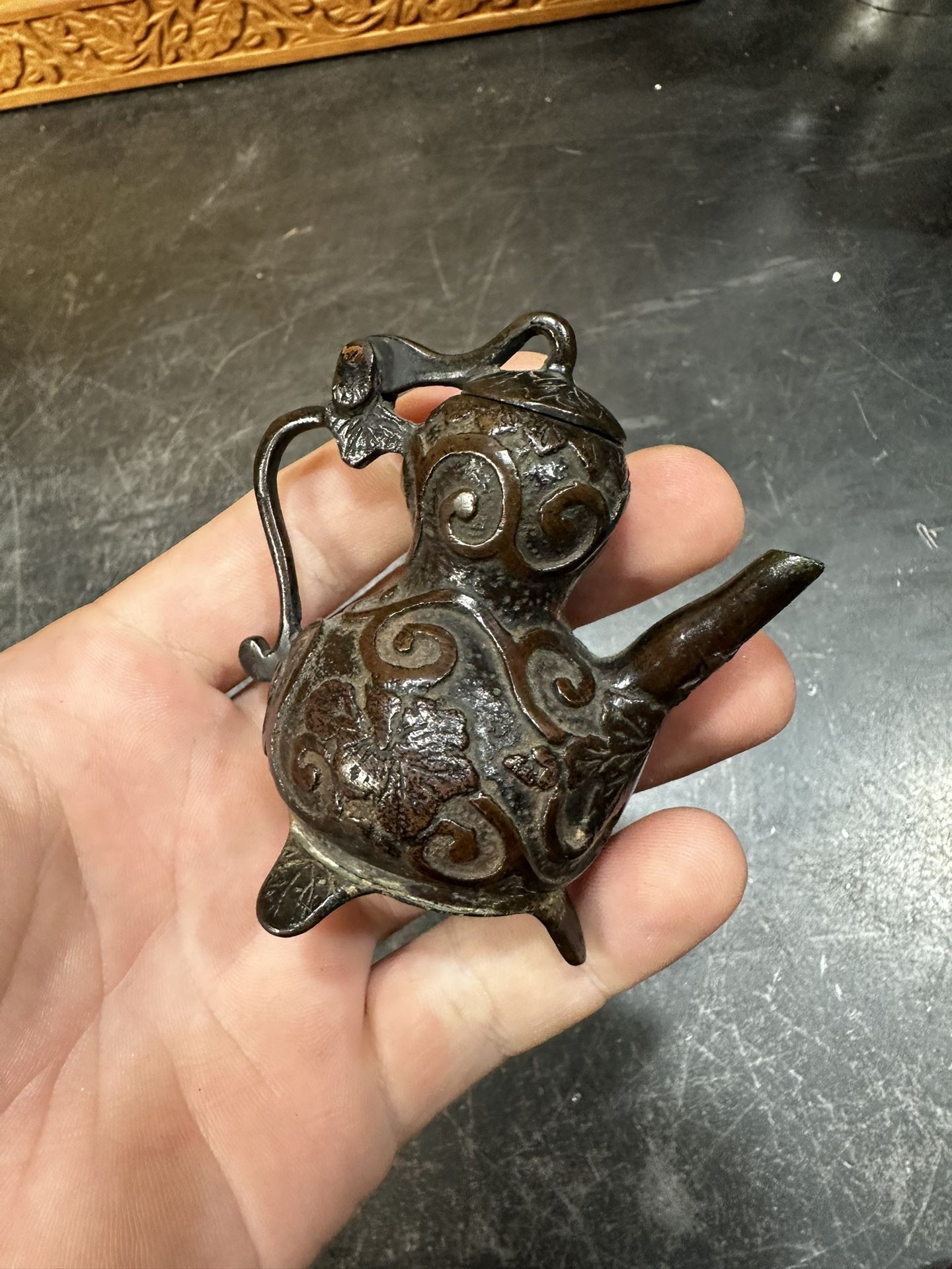 Chinese Republic miniature Teapot bronze water dropper Scholar Gourd Garlic Head