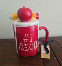 Rae Dunn #1 Teacher Mug With Apple And Pencil Topper Red Teacher Gift NWT Rae Dunn Disney #1 Teacher School Pencil Apple Coffee Mug with Topper 213,