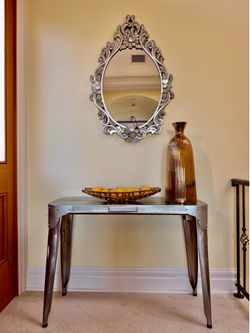 Beautiful Entryway Console Table + Ornate Silver Mirror + Vase & Bowl Set – Like New!