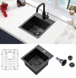 Black Bar Sink Drop in, 13x15 Inch Topmount RV Small Kitchen Sink, Handmade Stainless Steel Wet Bar Sink, Outdoor Single Bowl Prep Sink with Dish Grid