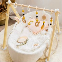 Wooden Montessori Baby Play Gym With 6 Hanging Toys