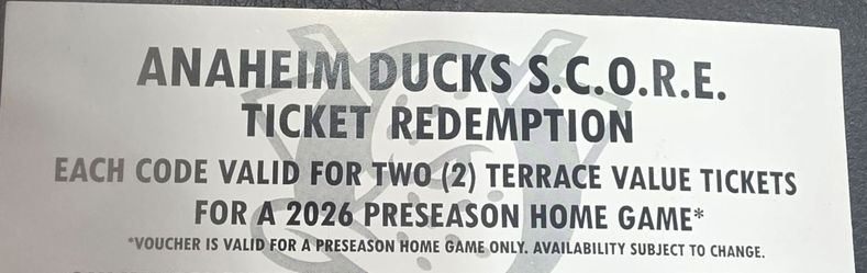 Anaheim DUCKS S.C.O.R.E. tickets for 2 for 2026 pre season Ice hockey home game