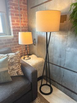 Matching HomeSense Floor + Table Lamp Set — Black Metal + Beige Shades