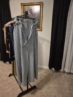 Navy and White Striped Wide-Leg Pants