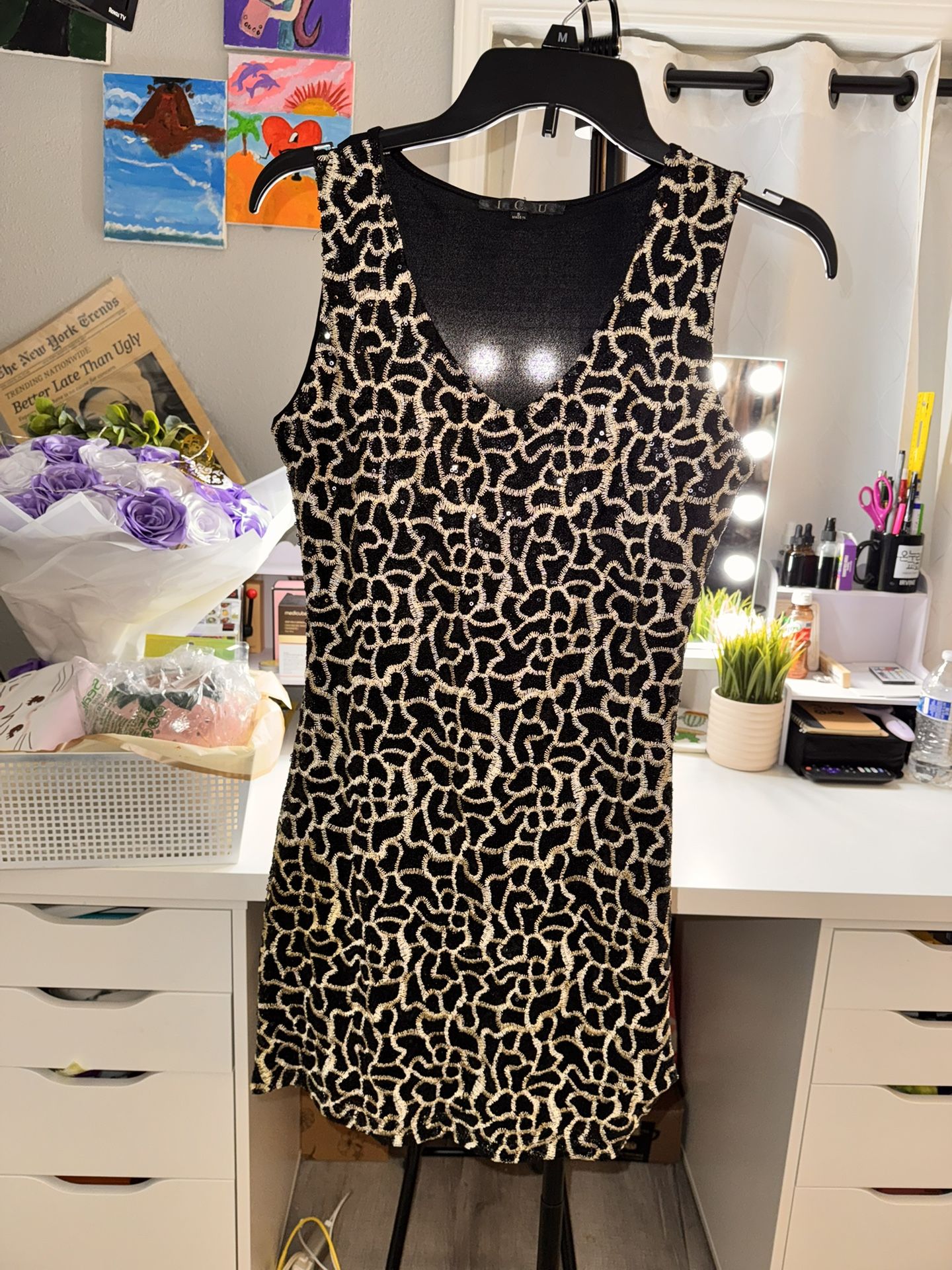 Sequin black & Gold Mini Dress Size S