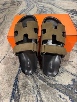 Hermes Chypre Toundra Khaki Men’s Strap Suede Sandals Size 44eu