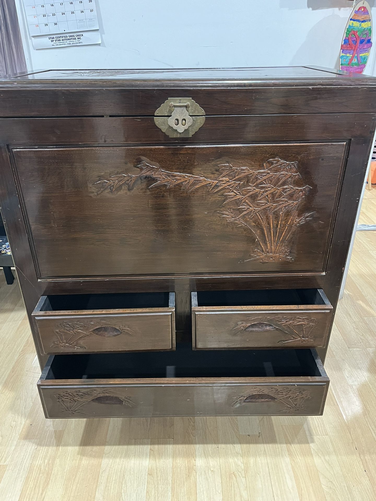 Beautiful Carved Wooden Storage Chest W/ 3 Drawers