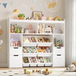 Kids Toy Storage Organizer with Removable Bin, Kids Bookshelf and Bookcase Toy Box with Drawers for Playroom, Classroom, White